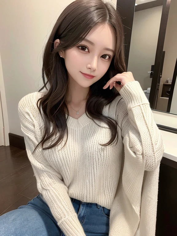 masterpiece, highest quality, High resolution,alone,Brown,artistic,Best lighting,casual,Flat Chest,Beautiful Face,expensive,smile,light makeup,Age 26,Calm woman,Detailed Hair,Laughing woman,Face Focus,Wavy Hair,Woman in jeans,Very white skin,Thin eyebrows,