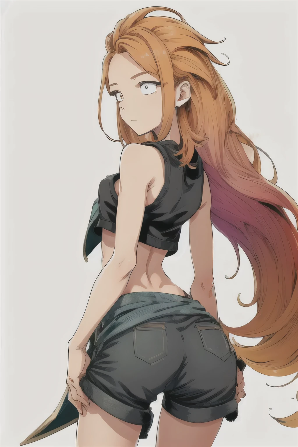 1 Girl, Zoey, (Heterochromia:1.3), (long hair), (dirty hair), orange hair ,crop top, short trousers, lush, , magic hair, ass