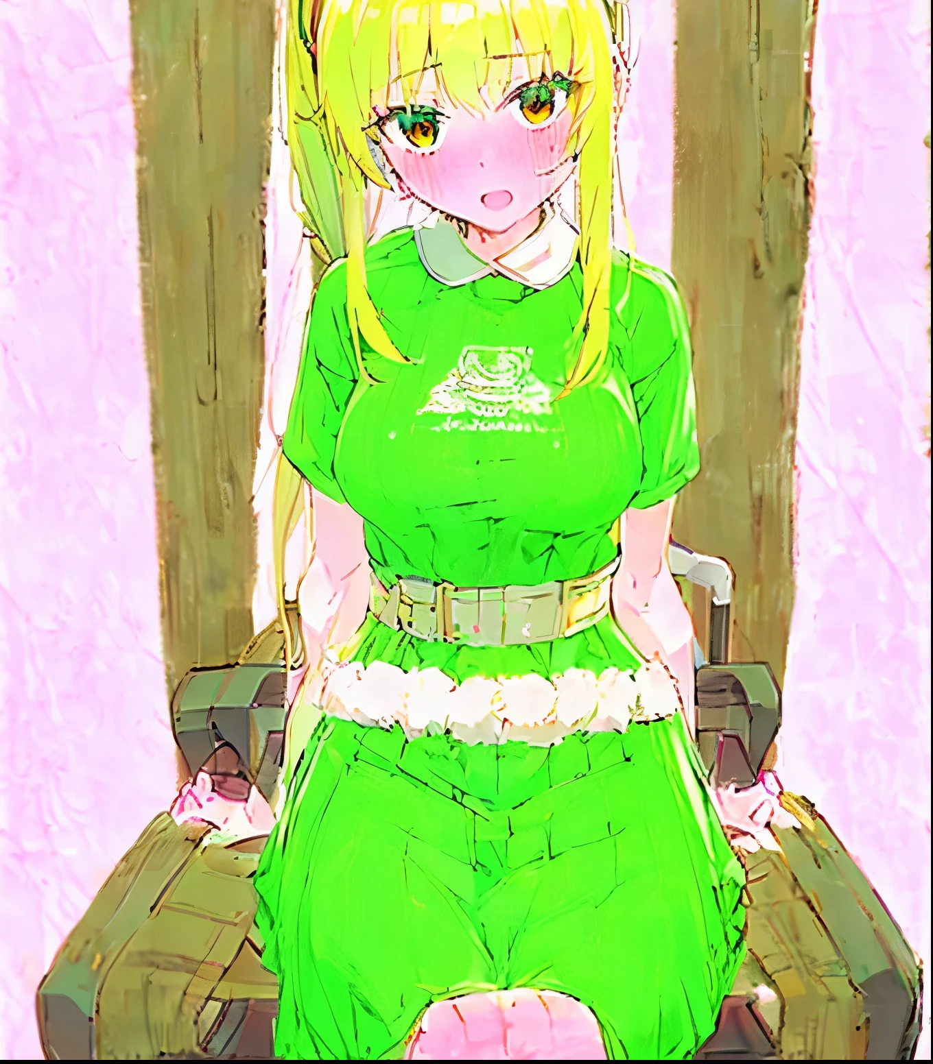 ((Masterpiece:1.2, best quality)), 1 teenage girl, The expression was not cheerful., blonde hair, brown eyes, neat green outfit, amputee, Sitting in a wheelchair, In the emptiness and darkness