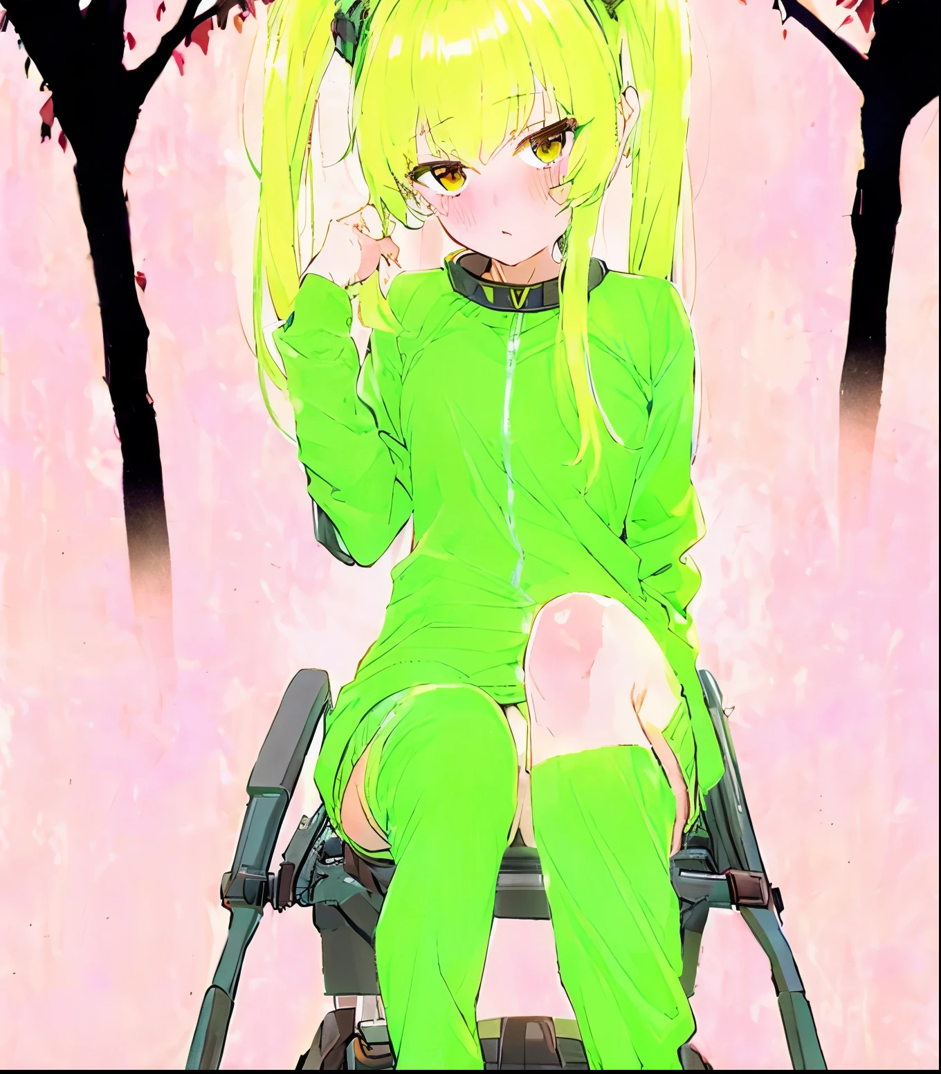 ((Masterpiece:1.2, best quality)), 1 girl, The expression was not cheerful., blonde hair, brown eyes, neat green outfit, amputee, Sitting in a wheelchair, In the emptiness and darkness