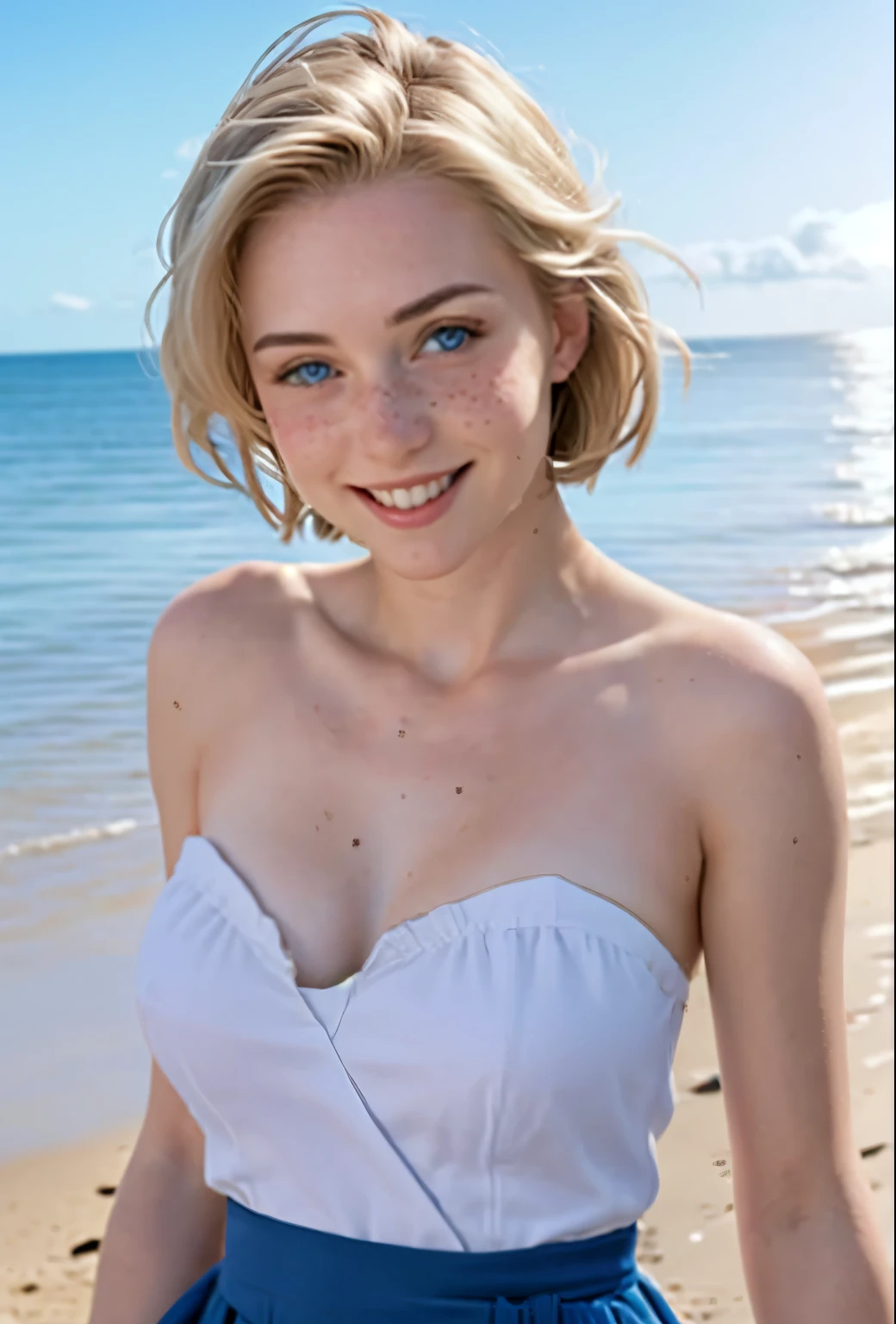 A 21-year-old girl named Kate with short blonde hair, beautiful medium-sized breasts, and a height of 1.60 meters. She has a British white style and light blue eyes. Kate is beautiful, with an angelic face and freckles around her nose. She is wearing a short, strapless dress with a fitted bodice and a flared skirt. This style highlights Kate's shoulders and waist. The dress has a cheerful and eye-catching white print. The neckline is a sweetheart strapless design, adding a romantic and elegant touch to the dress. Kate is at the beach, shown in a front portrait, flirting with the camera and smiling, with the sea in the background on a beautiful day with a cinematic sunset.