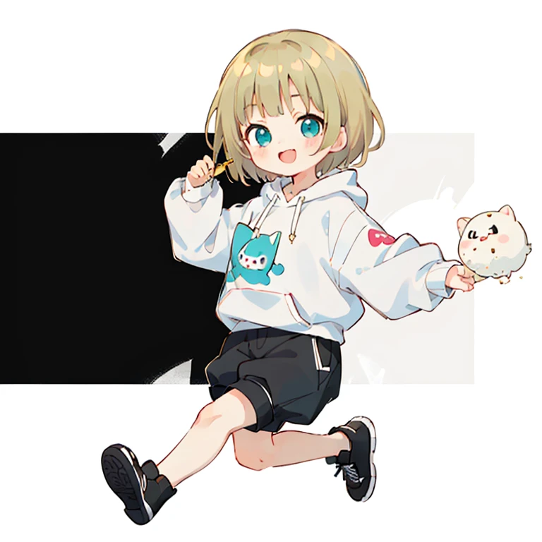 Momoko Sakura style, Kawaii Design, (((Many people々)))、The most beautiful girl of all time、Little, Blonde Hair、Short Mash Hair、The front hair is even、Turquoise Eyes、White hoodie、Black hot pants、Black sneakers、He has food stuffed in his cheeks and looks happy.、breast enhancement、I puff out my cheeks