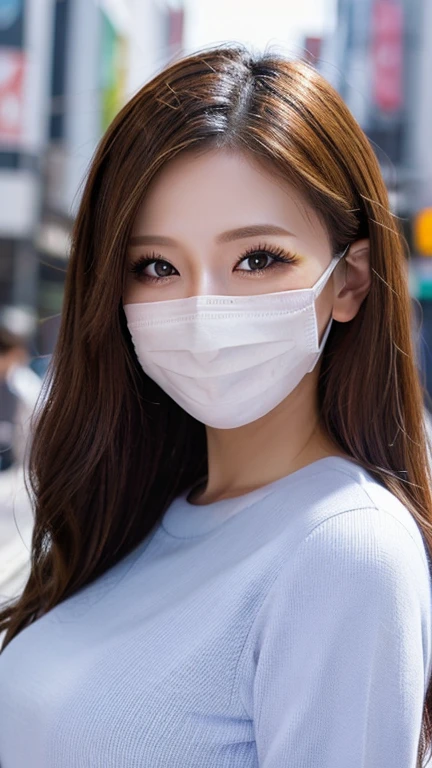 (Cowboy Shot、highest quality、8k、Award-winning works、Ultra-high resolution)、One beautiful woman、(The perfect and most natural red long sleeve casual sweatshirt:1.1)、(blonde:1.1)、Bright color contacts、Perfect Makeup、(Very heavy makeup:1.2)、(Deep pink around the eyes:1.1)、Beautiful bright eyeshadow、Heavy makeup around the eyes、(Huge breasts:1.2)、Very long wavy hair、(Romantic affection:1.1)、The best smile when you see me、(Most of them emphasize the body line.:1.1)、(Strongly blurred vibrant Harajuku city background:1.1)、(Strongly blurred background:1.1)、Accurate anatomy、Ultra HD Hair、Ultra-high definition beauty face、Ultra HD Hair、Ultra-high definition sparkling eyes、輝くUltra-high resolutionの美肌、(((White masks to protect against coronavirus)))、