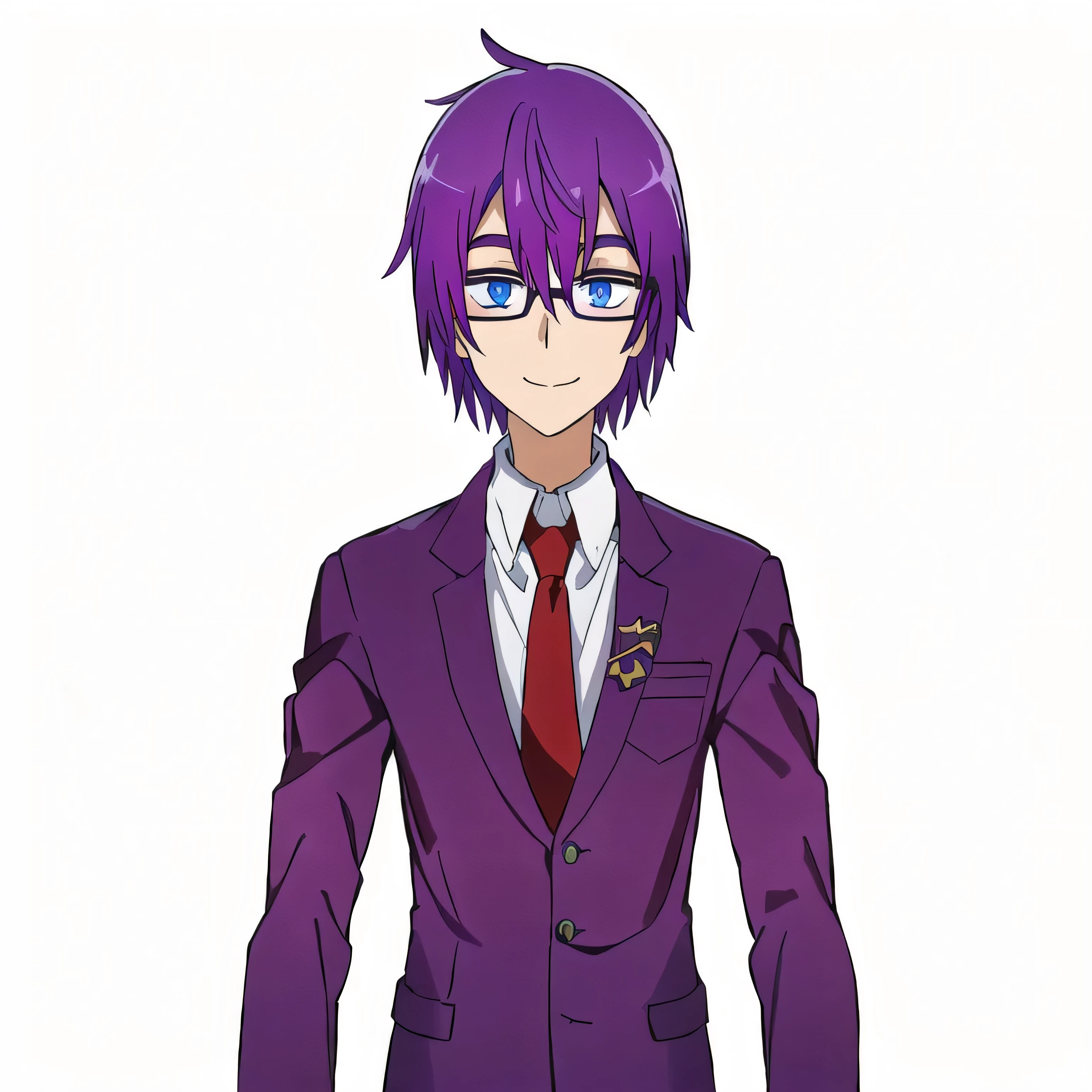 young guy, purple hair and eyebrows, Blue eyes, black glasses, rich skin color, White shirt, Red tie, purple jacket, gray buttons, cute smile pocket on a jacket