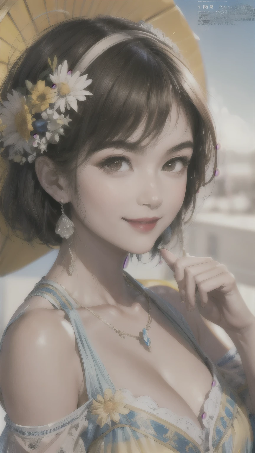 234 20-year-old female, short hair, Summer travel magazine, A kind smile, lipstick, Photo quality