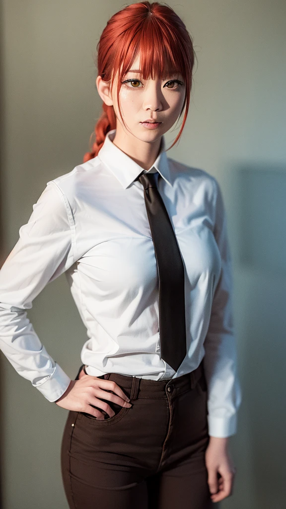 (8k, RAW photo, masterpiece, best quality, realistic:1.4), makima \(chainsaw man\), (red hair)+(long braided hair)+(bangs), yellow eyes, golden eyes, (ringed eyes), ((asian)), (white shirt), (necktie), tied up bangs, stare, smile, (evil:1.2), medium long shot, medium long shot, looking at viewers,