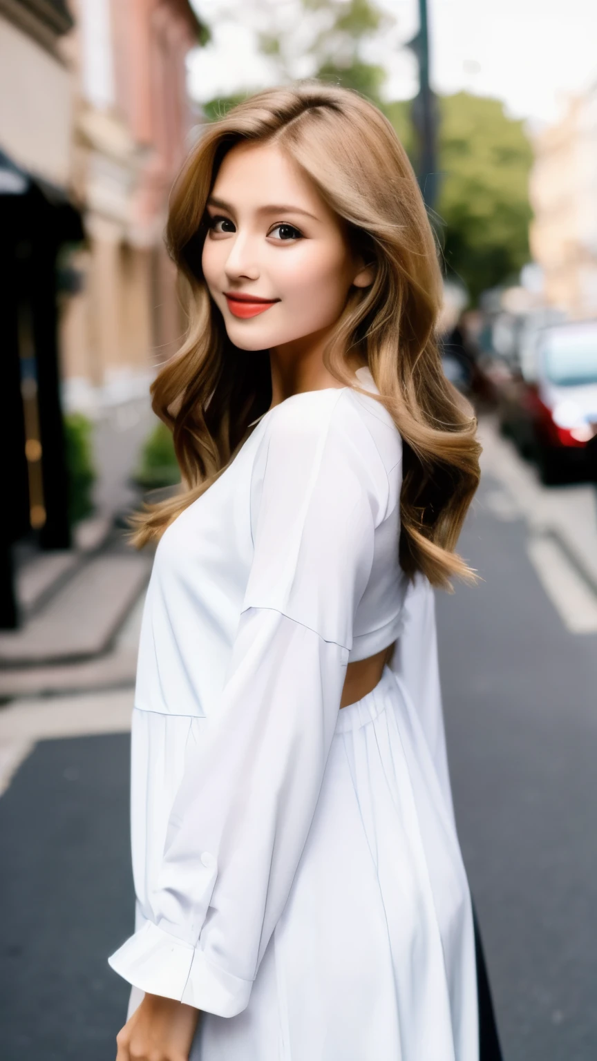 best quality, ultra-high resolution, real, photorealistic, 16K, BREAK, a American grid girl, cute, (full body:1.3), BREAK, highly detailed hair, (glossy light blonde hair), highly-detailed face, well-defined facial features, detailed eyes, detailed skin, (white skin), detailed lips, smile, walking, drunk, BREAK, highly-detailed clothings, grid girl's costume:1.3, glossy, long sleeves, puffy sleeves, BREAK, (detailed background, in front of lots of cars:1.3), natural lighting