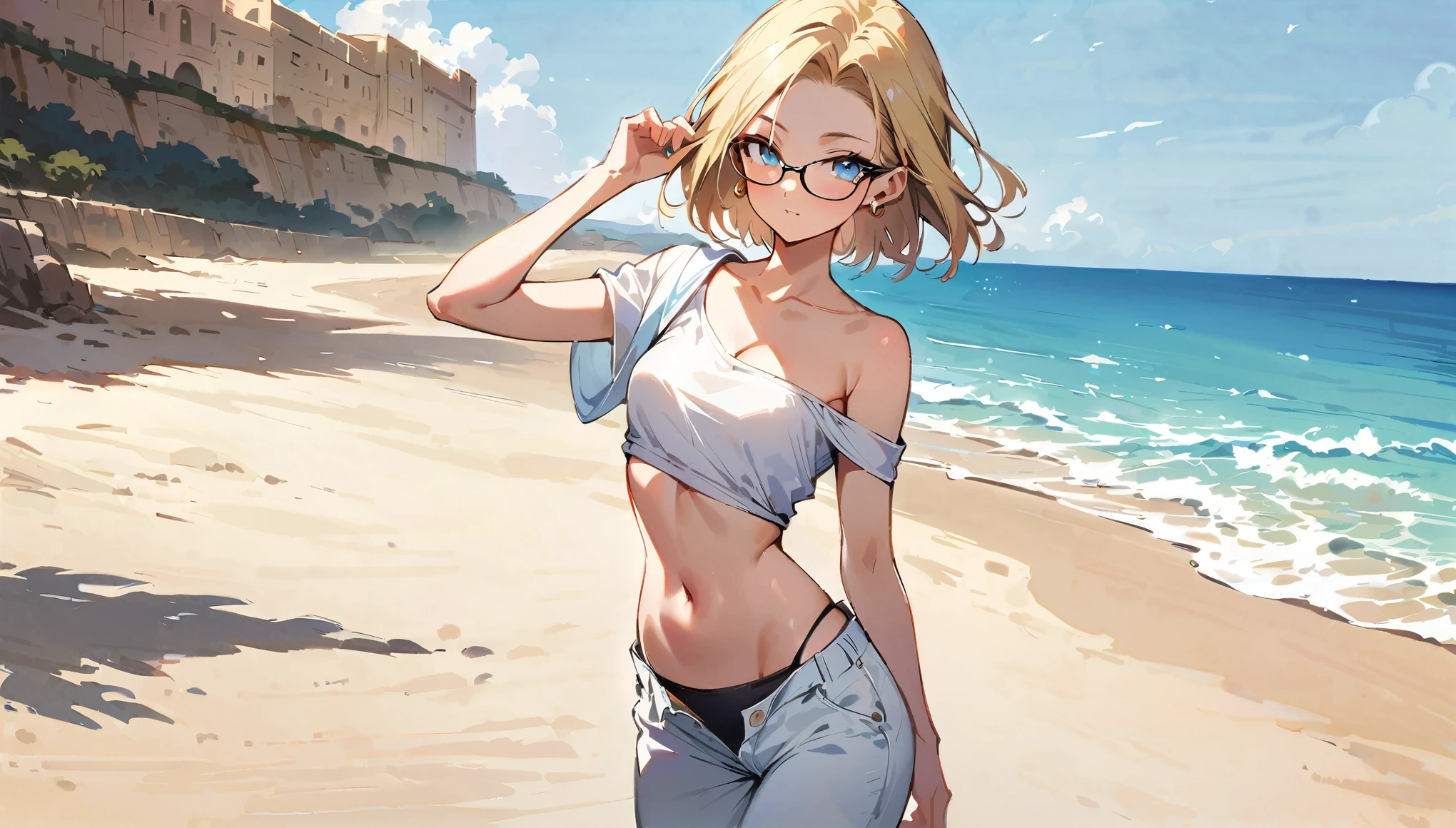 (masterpiece, best quality:1.2), cowboy shot, solo, Android 18 from Dragon Ball, collarbone, cleavage, ((slip-on one-shoulder crop top)), (light gray top:1.2), no jacket, midriff-baring, navel, ((white baggy pants with one button undone)), skimpy thong swimsuit, small breasts, short blonde hair loose, ((blue eyes)), ((wearing glasses)), earrings on earlobes, slender feminine figure, narrow waistline, skinny body, (plane black cap), (cap without logo), beach sandals, sunlight, walking, looking at viewer, light blush, arms behind back, Malta, Comino, beach, baroque architectural style, natural lighting and shadows, blur background, 4K