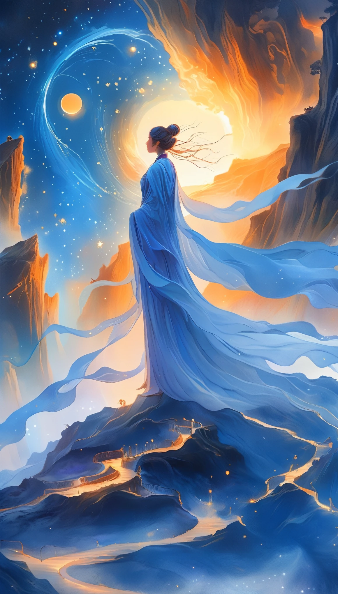 A beautiful woman stands on a cliff looking at the stars, （beautiful silhouette），Surrounded by a vortex of cosmic energy，shrouded in dreamy mist。Figure wrapped in flowing robe.，Integrate with the flow of heaven and earth。The sky is a tapestry of deep purples and blues，starlight embellishment，The landscape below suggests softness、rolling mountains，Astral ethereal, fantastic numbers, ethereal essence, Ethereal fantasy, Ethereal Beauty, Digital Art Fantasy, beautiful fantasy painting, Beautiful fantasy art, stunning fantasy art, Inspired by Cyril Rolando (Cyril Rolando), Fantasy art style, Gently rotating magical energy, Fantasy Numbers, Fantasy Numbers艺术, Empty Spirit, of Ethereal fantasy，Artistic beauty