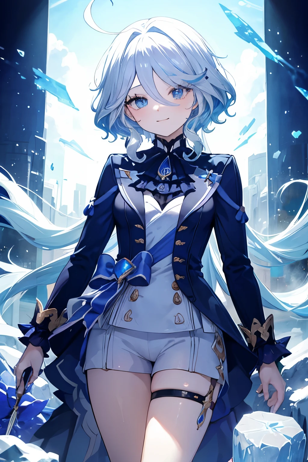 Furina、girl、Small breasts、girl、Small breasts、ta、Bright smile、Looks about 15 yan Musume、short、目のhighlight、Sexy thighs、Combat Uniform、Use ice magic、A world with lots of ice、Your eyes are so beautiful、highlight