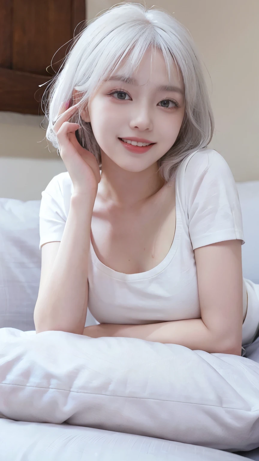 Best image quality、Raw photo、超A high resolution、21 year old Korean、、Dynamic Angle、Cowboy Shot、Chaos in its most beautiful form、elegant、Brutalist Design、Beautiful white hair、Vibrant colors、Short Bob、smile、fun、smile、Glowing White Skin、Beautiful eyes with random colors、Very thin lips、Beautiful eyes in every detail、Long, narrow eyes、Pale pink blush、Long eyelashes、Beautiful double eyelids、eye shadow、Bright white hair、sofa、Crop top、Short sleeves、lie down、Full body shot、Full body shotする