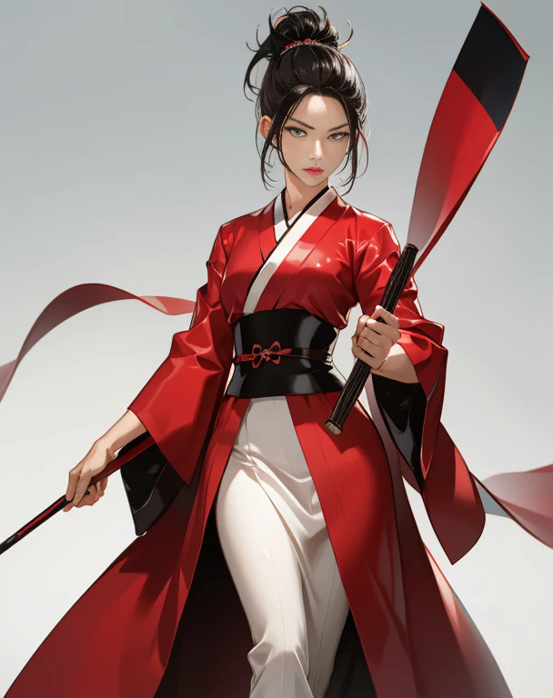 Standing posture、True Face、From the knee up、Dark silver hair、Long Hair、Sex Appeal、Shiny、Japanese、The beauty of kimono、Japanese military commander、Warrior、Simple、Sharp Eyes、height: 180cm、Heavy makeup、50 years old、成熟したwoman、An illustration、Warrior、woman、Maid、Threatening、dignity、aura、Updo、ponytail