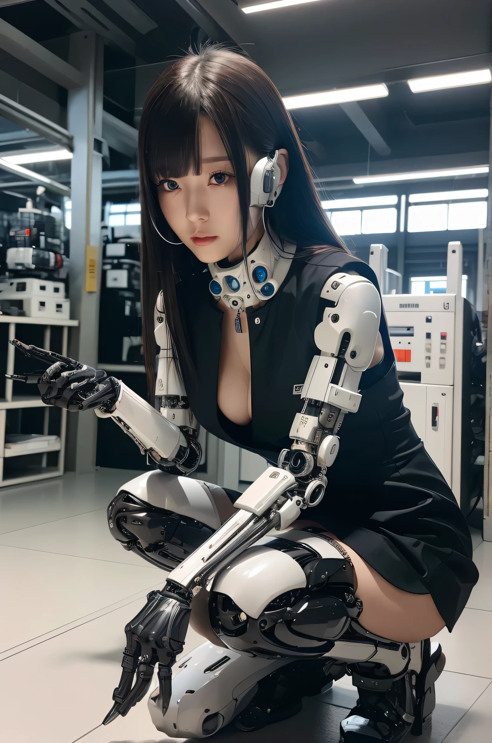 masterpiece, best quality, extremely detailed, Japaese Cyborg Girl,Plump , White boots,control panels,android,Droid,Mechanical Hand, ,clothes with a sense of mechanical technology, Robot arms and legs, Black Robot Parts,Black hair,Mechanical body,dress shirt,long vest,Blunt bangs,White abdomen,White robotics parts,perfect robot woman,future laboratory,cyber pank,charging spot,laboratory,long tube,thick cable connected her neck,kneel on the floor,bowing,ceramic body ,mechanical body,blue eyes,android,robot humanoid