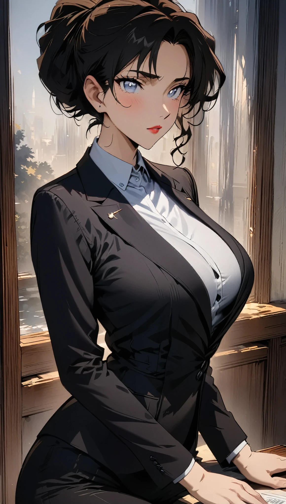 (best quality, High resolution, masterpiece:1.2), black hair, Beautiful woman, delicate eyes, Detailed lips, Suit, Single picture, Anime style