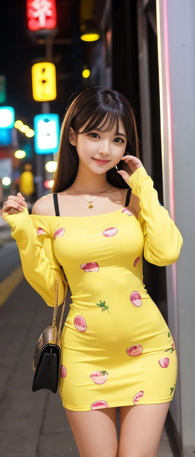 A tall pure idol girl、whole body、Good style、、、、、、、Lemon print tight mini dress（Glowing、long sleeves）、、、Tanned thick legs、Night Town、、