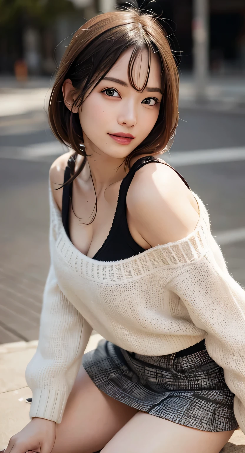 (Realistic、Photorealistic:1.37)、(8K、Raw photo、highest quality、masterpiece:1.2)、cute、Very detailed、Heart shaped eyes、Physically Based Rendering、超A high resolution、Kodak Vision Color、Filmed with an Arricam LT camera、Bokeh、Sharp focus、Watching the audience、Photorealistic、Realistic、alone、Photorealistic、highest quality、Highly detailed face、Highly detailed eyes and face、Beautiful and detailed、An unforgettable smile、Dirty hair、Floating hair、、⦅White knitted clothes⦆、⦅black and white checked mini skirt⦆⦅Random Pause⦆⦅Beautiful legs⦆(Foot fetish)(Shoulder straps are visible)(I can see the valley)⦅Whole body image⦆