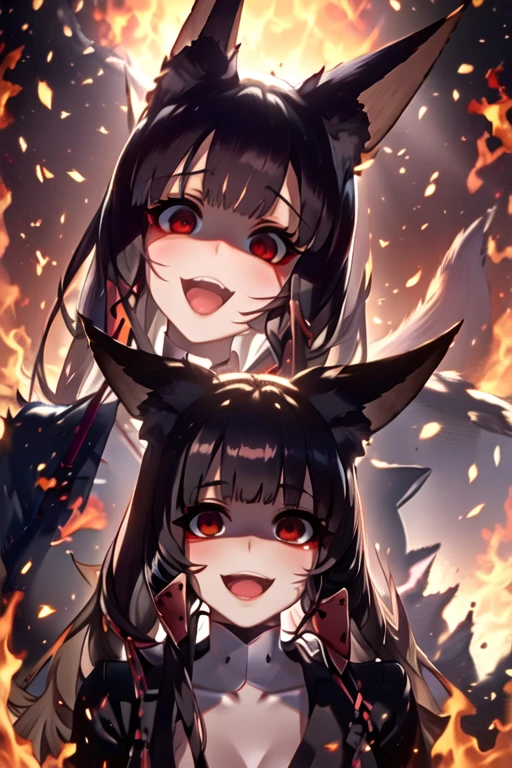 ((best quality)), ((masterpiece)), (detailed), perfect face, best illumination, AkagiV5, fox girl, fox ears, detailed eyes, yandere, red eyes, wide eyes, wide laugh, shaded face, darkness, faint light, flames, black silhouette, backlighting, black kimono, 2 girls, akagi-chan, chiming bells