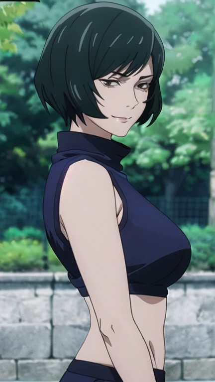 Maki Zenin, bra, evil smile, big chest, big ass, dark green hair, sleevless, croptop, turtleneck, (Best Quality, masterpiece, High resolution, anime screen cap, anime colours), 1 Girl