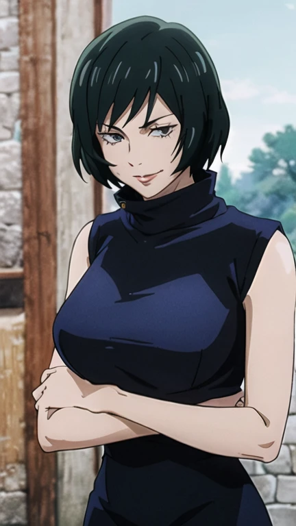 Maki Zenin, bra, evil smile, big chest, big ass, dark green hair, sleevless, croptop, turtleneck, (Best Quality, masterpiece, High resolution, anime screen cap, anime colours), 1 Girl