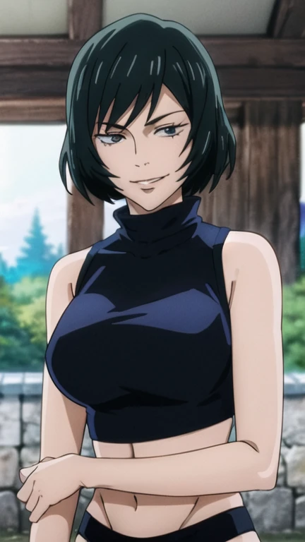 Maki Zenin, bra, evil smile, big chest, big ass, dark green hair, sleevless, croptop, turtleneck, (Best Quality, masterpiece, High resolution, anime screen cap, anime colours), 1 Girl