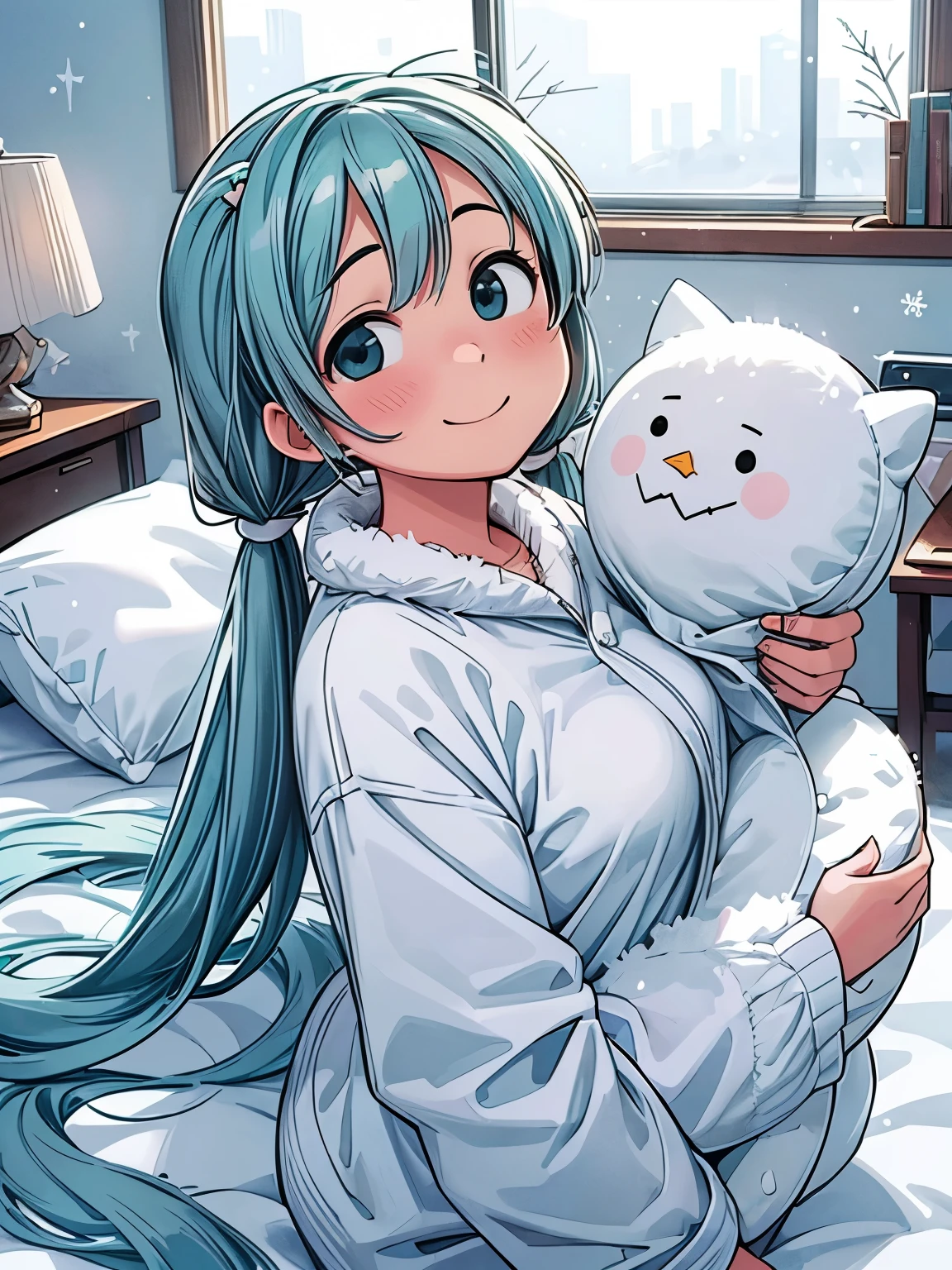 (masterpiece、highest quality、highest quality、Official Art、Beautiful and beautiful:1.2)、(One girl:1.3)Hatsune Miku、Twin tails,Big Breasts,heal，Reject EMO，very happy，very happy，Face life with a smile，Light of the sun，Long white hair，Fluffy winter pajamas，House of Clouds，Snowman pillow，