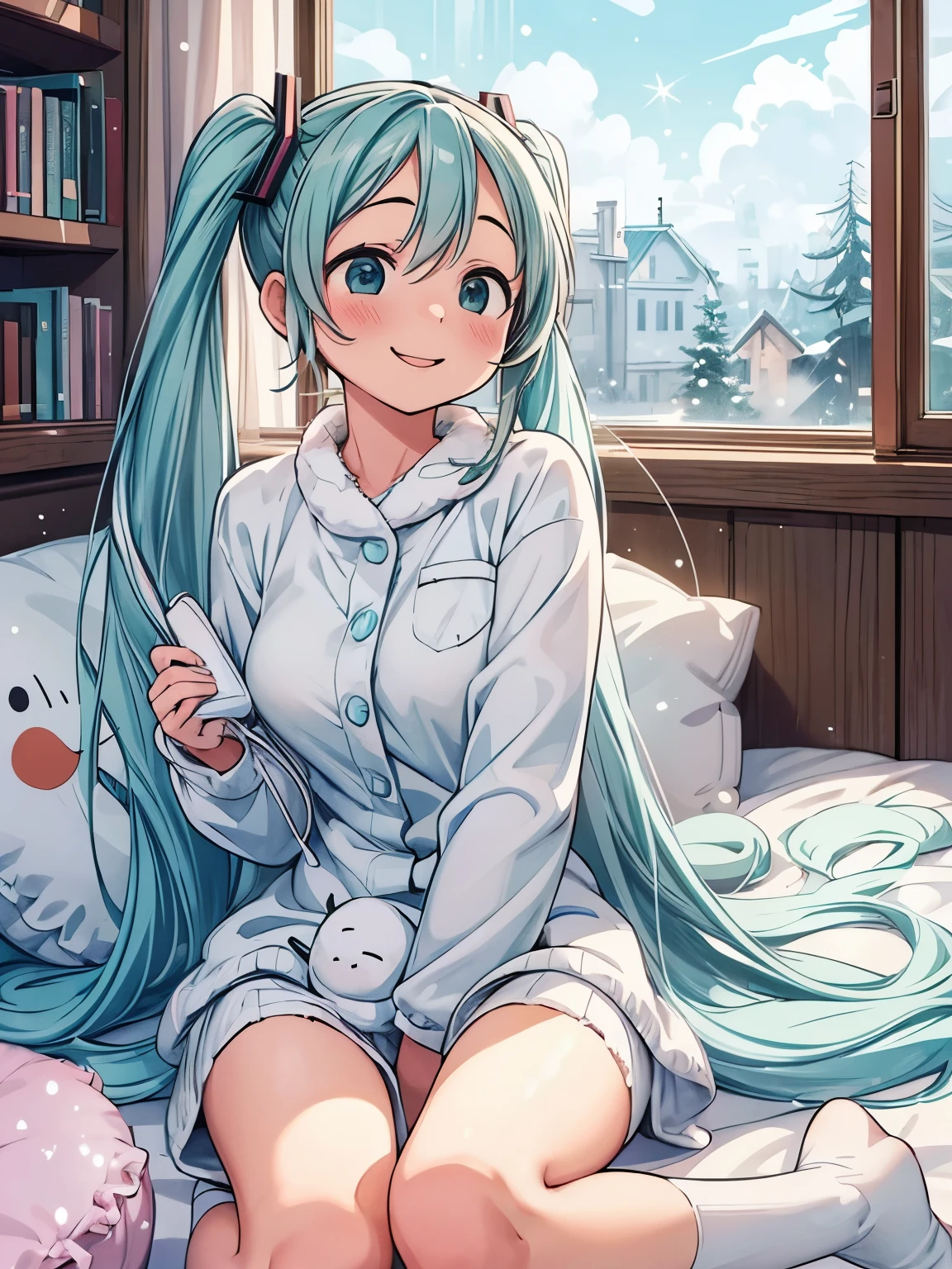 (masterpiece、highest quality、highest quality、Official Art、Beautiful and beautiful:1.2)、(One girl:1.3)Hatsune Miku、Twin tails,Big Breasts,heal,Reject EMO,very happy,very happy,Face life with a smile,Light of the sun,Long white hair,Fluffy winter pajamas,House of Clouds,Snowman pillow,