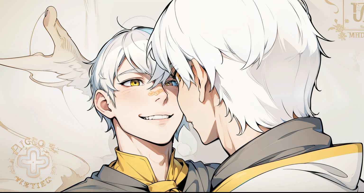 cute 17 year old boy smiles mischievously mischievously speaks mischievously yellow eyes white hair