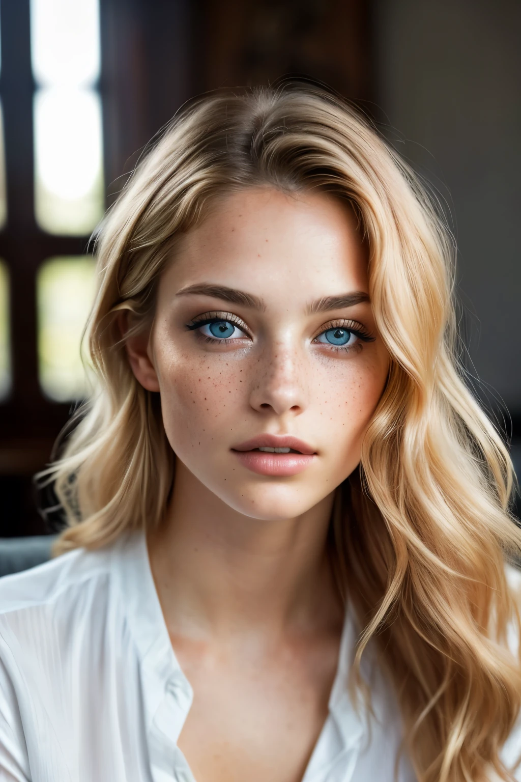 ultra realistic image, a perfect lady, attractive woman with a beautiful face, detailed eyes, luscious lips accentuated by subtle cat eye makeup, large and expressive blue eyes, a toned body accentuated by curly blonde hair, big pointy breasts partially covered by a loose shirt, sitting on a plush couch. The moody lighting casts long, dramatic shadows, creating a depth of field with a soft bokeh effect. The image, captured in 4K with HDR, is a masterpiece by renowned artists such as James C. Christensen or Jeremy Lipking. The woman's body is adorned with small freckles and beauty marks, adding to her natural allure.