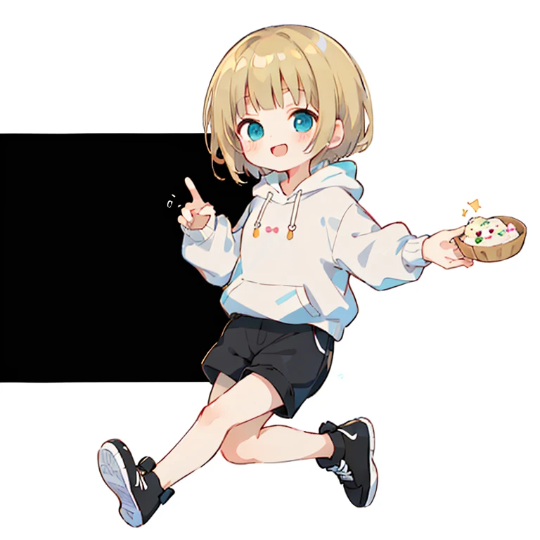 Momoko Sakura style, Kawaii Design, (((Many people々)))、The most beautiful girl of all time、Little, Blonde Hair、Short Mash Hair、The front hair is even、Turquoise Eyes、White hoodie、Black hot pants、Black sneakers、He has food stuffed in his cheeks and looks happy.、breast enhancement、I puff out my cheeks