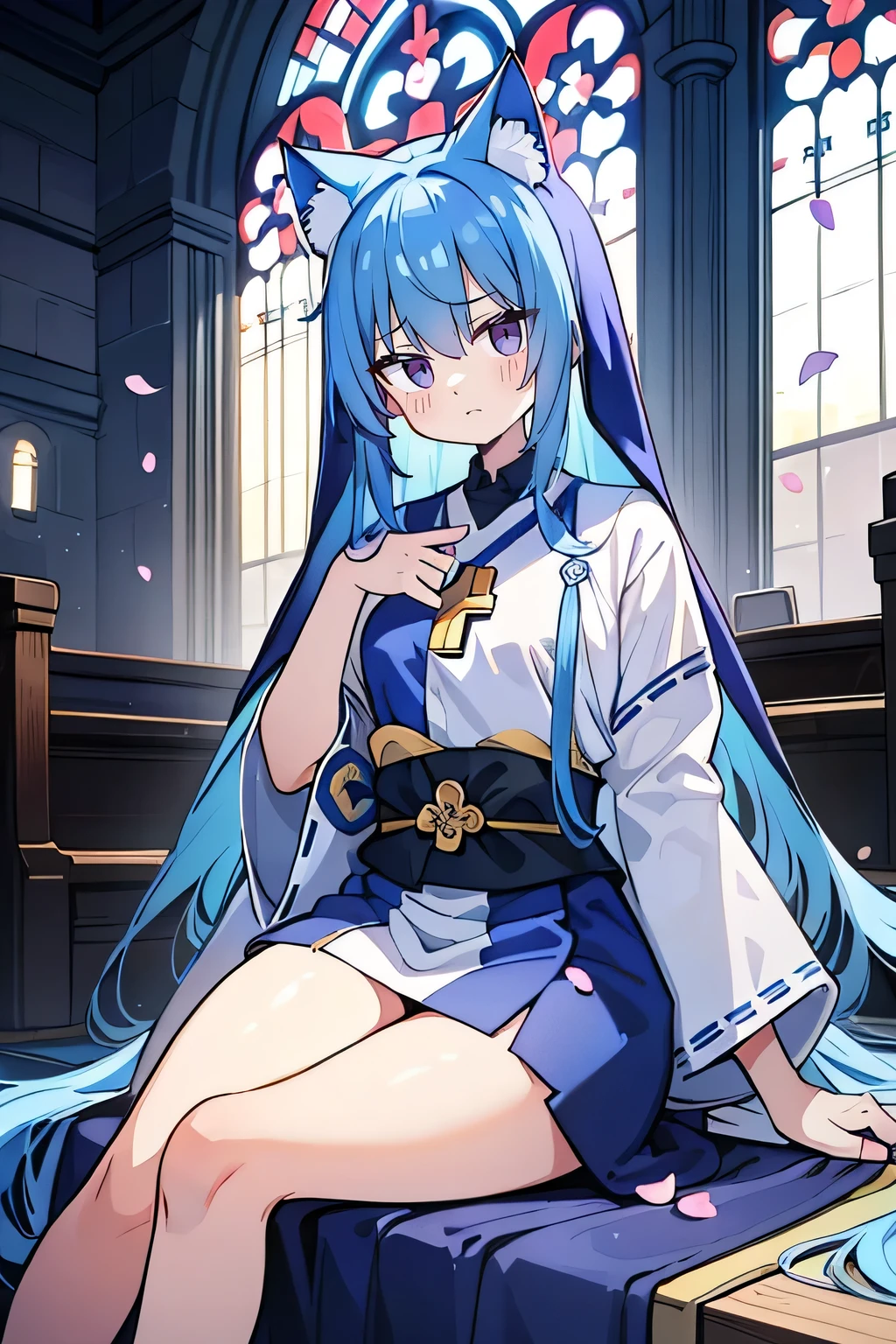 (masterpiece:1.2),Extremely detailed,Practical,expressive eyes,Fair skin,Perfect face shaping,1 Girl,
Japanese cartoons,Gorgeous blue hair, the long flowing blue hair,Floating clothes,Cat ears,Petals fall,beautiful lola,Young Angel,
Place your hands on your waist,sit elegantly on the ground,Cross your legs,Gentle and peaceful background,church,Nun's Clothes,back view,lie on the water.