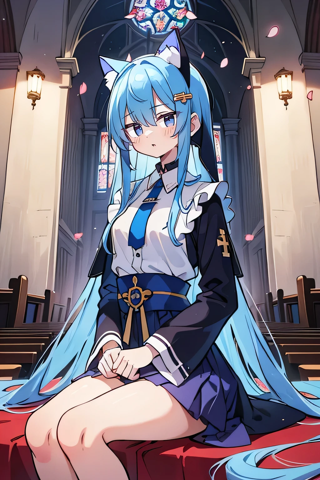 (masterpiece:1.2),Extremely detailed,Practical,expressive eyes,Fair skin,Perfect face shaping,1 Girl,
Japanese cartoons,Gorgeous blue hair, the long flowing blue hair,Floating clothes,Cat ears,Petals fall,beautiful lola,Young Angel,
Place your hands on your waist,sit elegantly on the ground,Cross your legs,Gentle and peaceful background,church,Nun&#39;s Clothes,back view,lie on the water. 