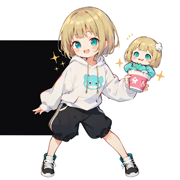 Momoko Sakura style, Kawaii Design, 、The most beautiful girl of all time、Little, Blonde Hair、Short Mash Hair、The front hair is even、Turquoise Eyes、White hoodie、Black hot pants、Black sneakers、He has food stuffed in his cheeks and looks happy.、breast enhancement、I puff out my cheeks