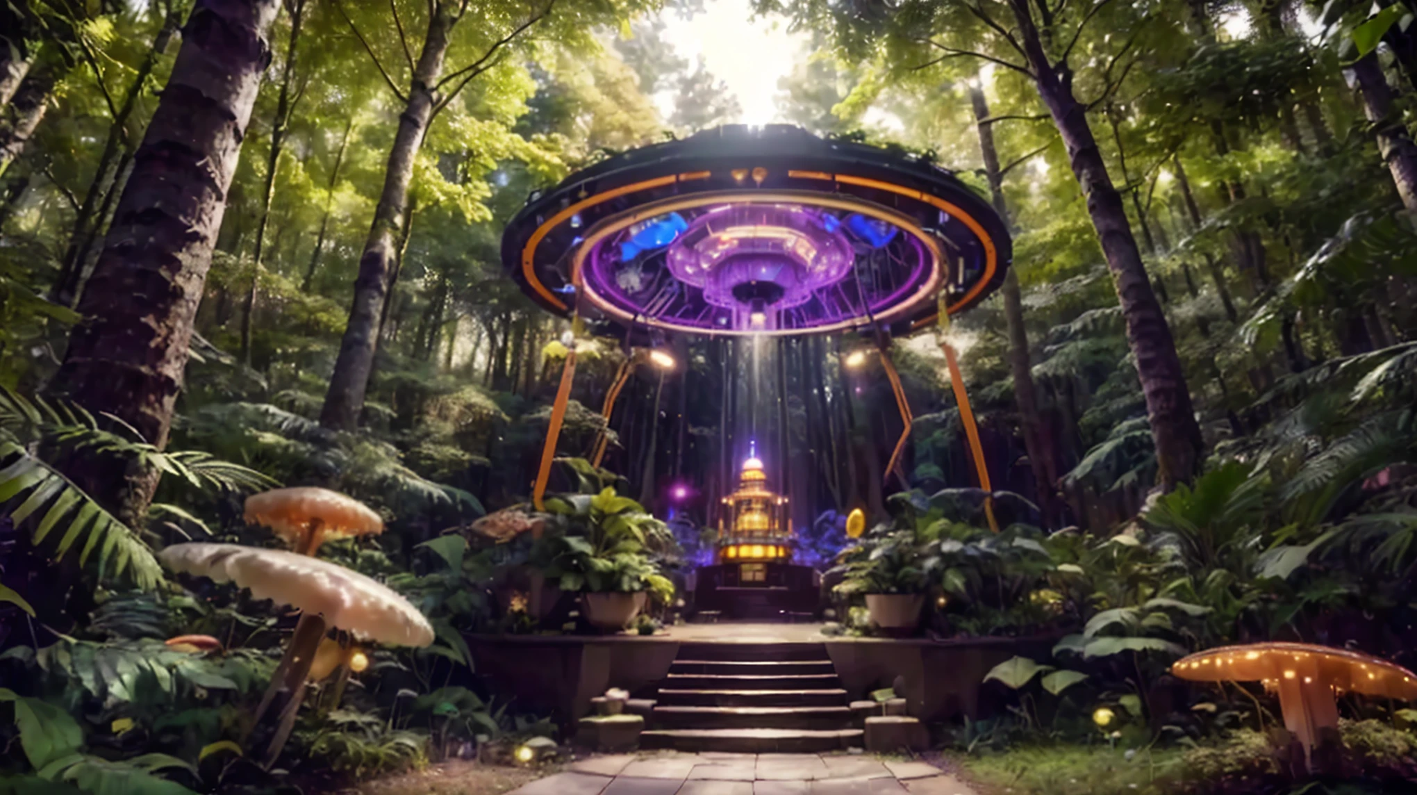 a close up of a small carousel in a forest with lots of trees, lush garden spaceship, inside an alien jungle, dmt temple, utopian jungle in space, extraterrestrial paradise, realism | beeple, futuristic setting, ufo in a forest, beeple rendering, in a cyberpunk garden, surreal sci fi set design, beeple daily art