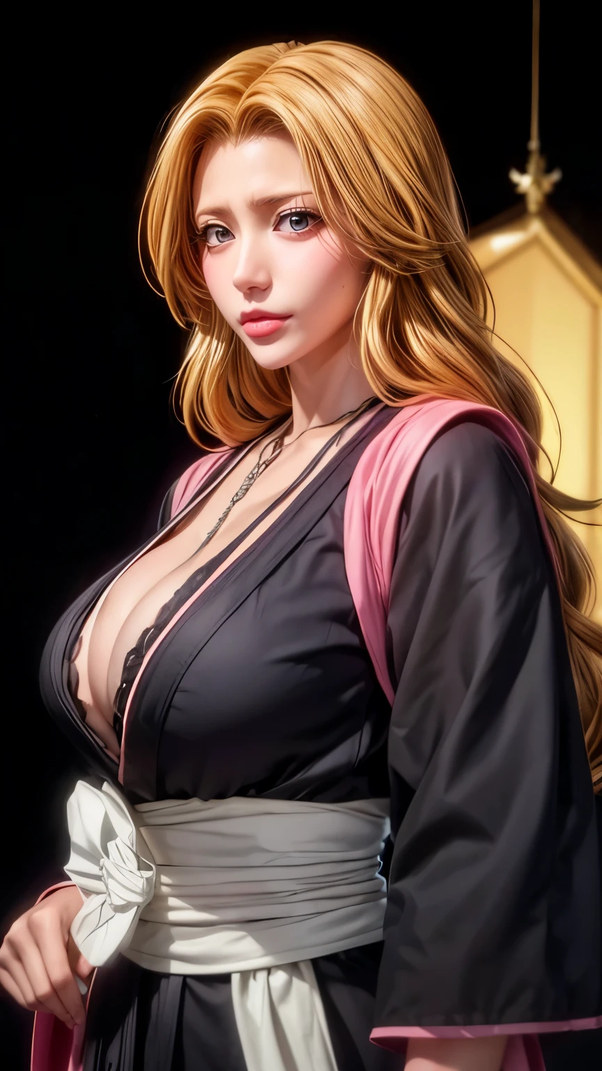 （（（完美shape，shape，alone， （（（kimono,necklace, Black kimono, sash,Peach red shawl ））），（（（Rangiku Matsumoto,matsumoto rangiku, long wavy golden hair，A black mole on the lip,））），((masterpiece)),High resolution, ((Best quality at best))，masterpiece，quality，Best quality，（（（ Exquisite facial features，Looking at the audience,There is light in the eyes，(（（lol，confidence））)，））），型shape:1.7））），（（（Light and shadow，Huge breasts））），（（（Looking into the camera，Black background，）））