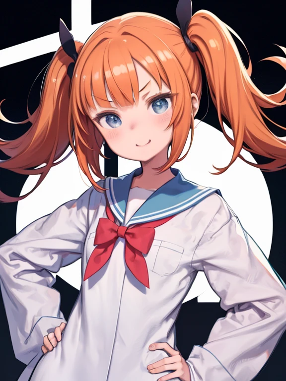 girl、high school 、Light blue sailor uniform、lab coat、Short、Orange Hair、Waist-length twin tails、Slanted Eyes、Laughing with your mouth open、V-shaped eyebrows、tooth、Put your hands on your hips、Intimidating、Bossy、Viewed from the front、Upper body close-up