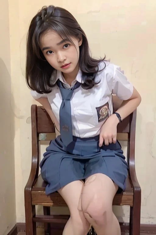 (pp clothes), (realistic), A kidnap girl tie to a chair peeing in skirt, peeing herself, peeing:2.3, urination:2.3, open legs:1.2