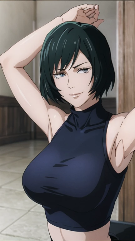 Maki Zenin, bra, evil smile, big chest, big ass, dark green hair, sleevless, croptop, turtleneck, (Best Quality, masterpiece, High resolution, anime screen cap, anime colours), 1 Girl, Upper body, (Perfect Anatomy, perfect detailed body, Eyes and hair in beautiful detail, Beautiful breasts and skin), armpits, armpits visible,