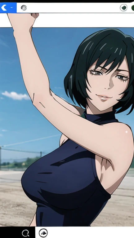 Maki Zenin, bra, evil smile, big chest, big ass, dark green hair, sleevless, croptop, turtleneck, (Best Quality, masterpiece, High resolution, anime screen cap, anime colours), 1 Girl, Upper body, (Perfect Anatomy, perfect detailed body, Eyes and hair in beautiful detail, Beautiful breasts and skin), armpits, armpits visible,