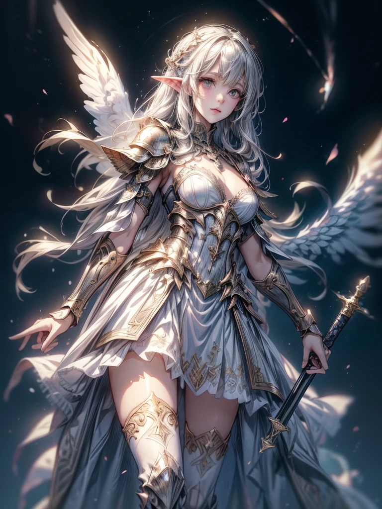 ((4k,masterpiece,best quality)), (zentangle, mandala, tangle, entangle), (fractal art:1.3), maxiskit, dress conservatively, (elf:1.2), 1girl, solo, full body, wide shoot, standing with white boots, holding sword down, Blunt bangs, (hair between eye), white hair, golden eyes, long hair, elf ears, ((Valkyrie white armor, angel, Chest protector)), side bang, from front, extra size body, night, mountain, look at viewer, dynamic pose, art style by Artgerm, by Kawacy, by Wadim kashin, BREAK, eyelashes, eyeshadow, pink eyeshadow