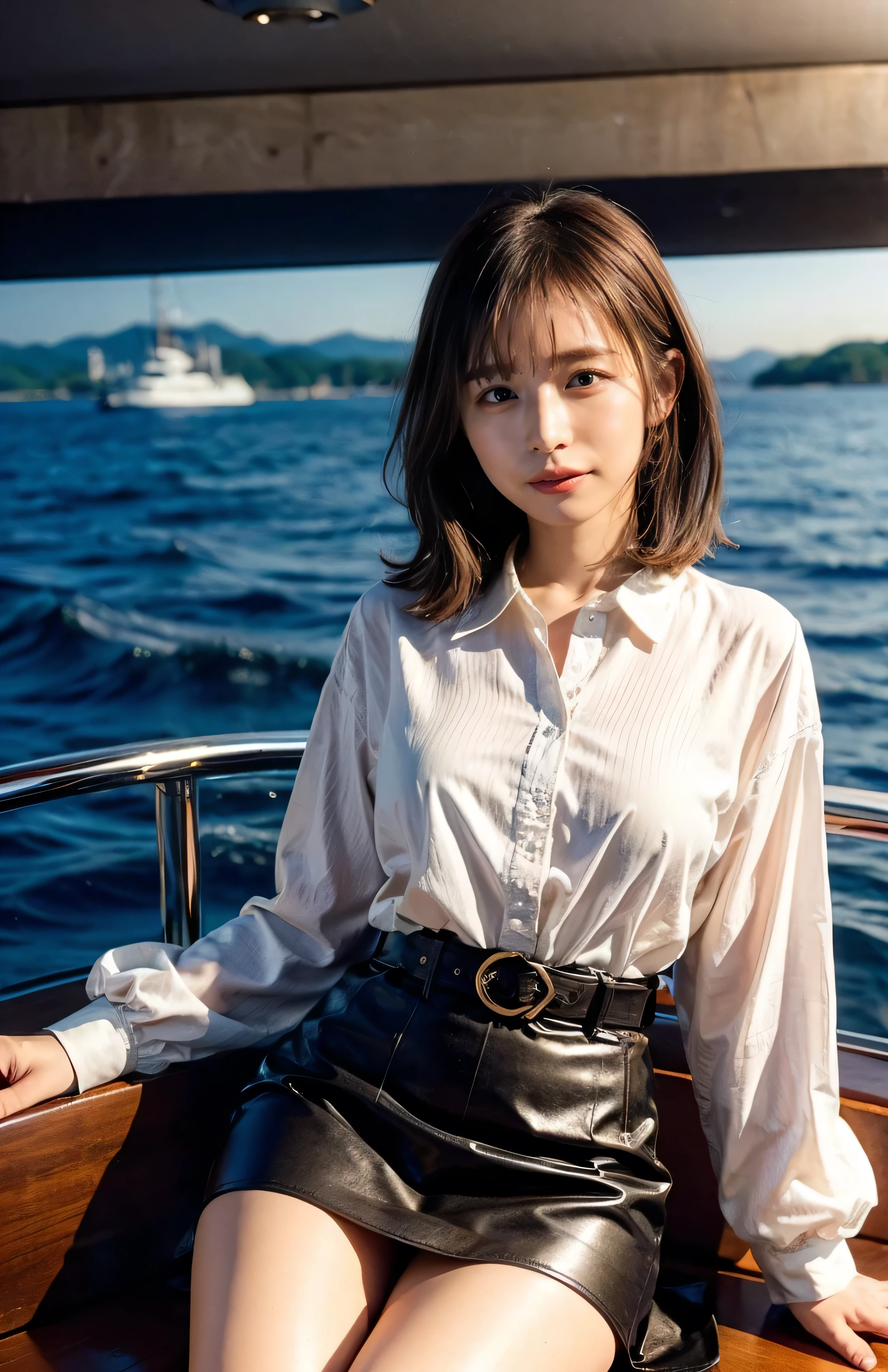 The sky turns red、Woman standing on a boat、Light brown hair、Elegant hairstyle、Blue Eyed Woman、A woman with a cute upward gaze、When the sky gets dark、The gentle lights of the ship shine、The sky turns red as the sun sets、Tight clothing that shows your body lines、、A classy white blouse or white collared shirt、The first button of her blouse is lewdly open、Genuine Leather Belt、革のShort skirt、Dress elegantly着こなす、Luxury Bags、、((Medium Short Hair:1.4))、Skyscrapers seen across the sea、Manhattan 私sland is visible offshore、Woman on a sightseeing boat、、The sun shines on her、Light brown hair、Light brown hair、The sky was dyed red、There are clouds、私t's cute、An elegantly dressed woman is sitting on a boat and watching the sunset、Her ample breasts are obvious even through her clothes..、The shining sun is so beautiful、Dusk is approaching、Lens flare、私 can see the sun setting、((Sunlight reflecting off the ocean、Ocean View、The sun shines on the ocean、'beautiful.、Small earrings、私t'evening、Birds are also flying、、Brown Hair Color、Tying up hair、The woman is on the right:1.4))、Luxury Leather Belts、Shiny clothes、Light beige hair color、Background Blur、Braid only the front hair、Light brown hair、{{Cowgirl Shot}}、((Close-up shot from the waist up、Ample breasts:1.4))、Smile、Silk clothing、Ample breasts that can be seen even through clothes、Braid only the front hair、Cowboy Shot、Gorgeous white collared silk shirt and brown skirt、Dress elegantly、Luxury Bags、A lovely smile、((Ample breasts))、Full body photo、ring、Short skirt、Tuck your hair behind one ear、Silver Necklace、smile、 Elegant ponytail、Caustics、Highly detailed photos、Very beautiful and ideal short hair、Super no makeup、(8k、RAW Photos、highest quality、masterpiece:1.2)、(Realistic、Realistic)、1 girl、((Medium Short Hair、Looking into the camera:1.4))、Hair blowing in the wind