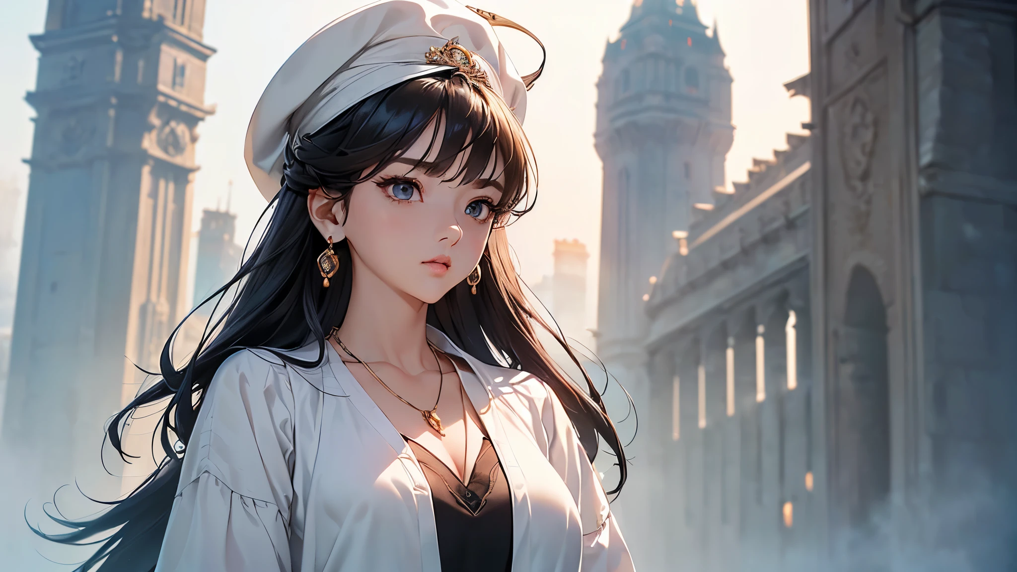 ((Biologically correct limb count))、((Full Body Shot, Full-body photo including face、Head to toe photos))、4K、masterpiece、((Focus on the face))、((Symmetrical facial features))、Eyes of meticulous depiction、Beautiful woman、Excellent style、Beautiful feet、(stockings、High heels with anklets)、Detailed depiction of the face、beret、White prim、Small earrings、necklace、((Close-up photo of the upper body))、(blazer、skirt)、Sky City、Scenery of the old castle、sunset、(Low - Angle)、(Troubled face)、((Thick morning fog all around)、I can't see anything around me)、Prone、(Blue Eyes、Blue and silver hair)