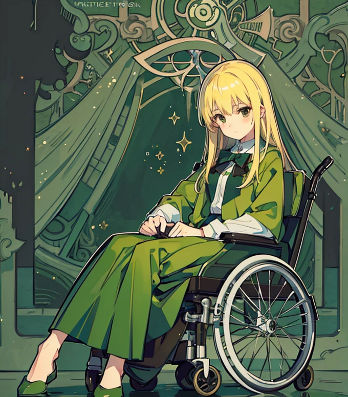 ((Masterpiece:1.2, best quality)), 1 age girl, The expression was not cheerful., blonde hair, brown eyes, neat green outfit, amputee, Sitting in a wheelchair, In the emptiness and darkness