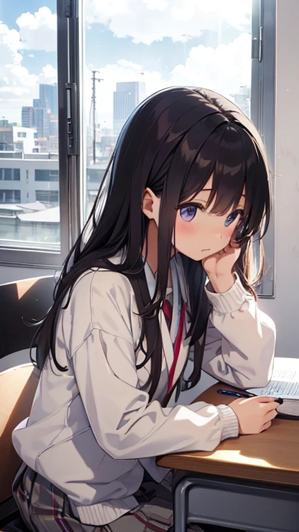 Japanese female high school student, studying in her room during summer vacation, cityscape and white clouds outside the window, textbooks and coffee cup on the desk, left hand on a cheek rest, right hand holding a pencil and writing something