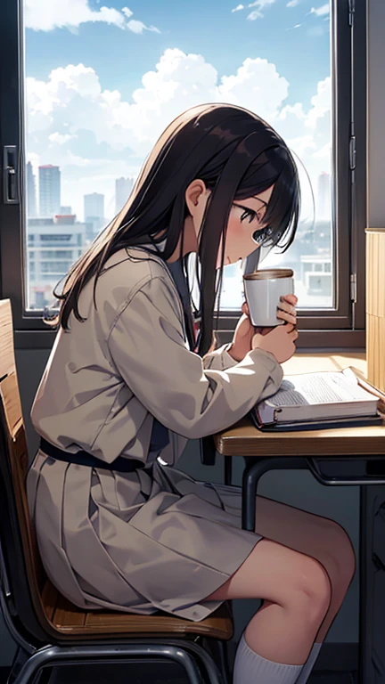 Japanese female high school student, studying in her room during summer vacation, cityscape and white clouds outside the window, textbooks and coffee cup on the desk, left hand on a cheek rest, right hand holding a pencil and writing something
