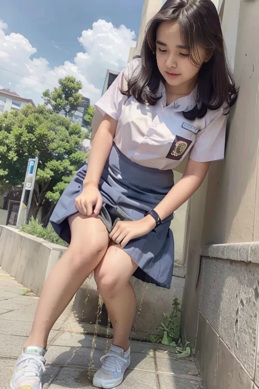 (pp clothes), (realistic), A girl peeing in skirt, peeing herself, peeing:1.4, urination:1.4, pee_stain_skirt:1.5