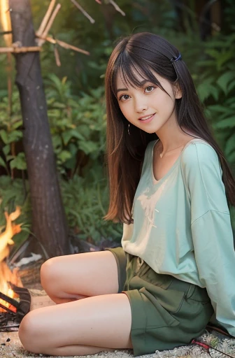 a lot of details, (slender waist), 30 years old, detailed black hair, beautiful detailed hair, super fucking beautiful, complex details beautiful and delicate eyes, perfect hands, (small breasts best quality), perfect and delicate limbs, detailed skin, best quality, ultra-detailed,
river, motorcycle, delightful, cheerful grin, sitting, looking at viewer, (green long-sleeved t-shirt), (white shorts), (sitting in a camping chair by the bonfire), japanese, Joyful Scene, with a river, in the evening, hazy atmosphere, (full body shot:1.2), from side, golden hour, telephoto lens