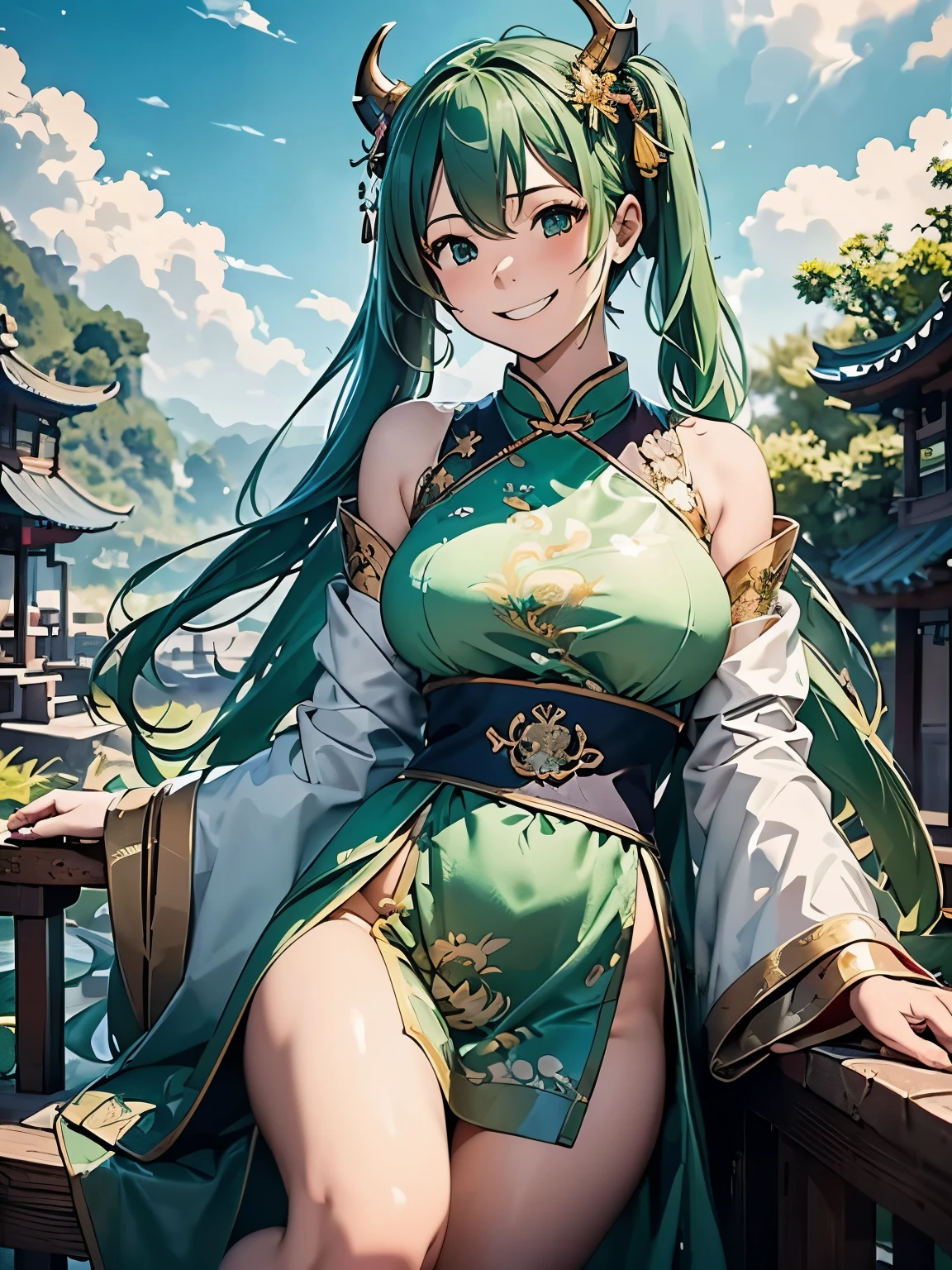 ((best quality)), ((masterpiece)), (detailed), perfect face, girl, green hair, long hair, thigh high, shrine maiden, Miko priestess, garter belt, pool side theme, hands on hips, long skirt, hair in bun, bunny girl