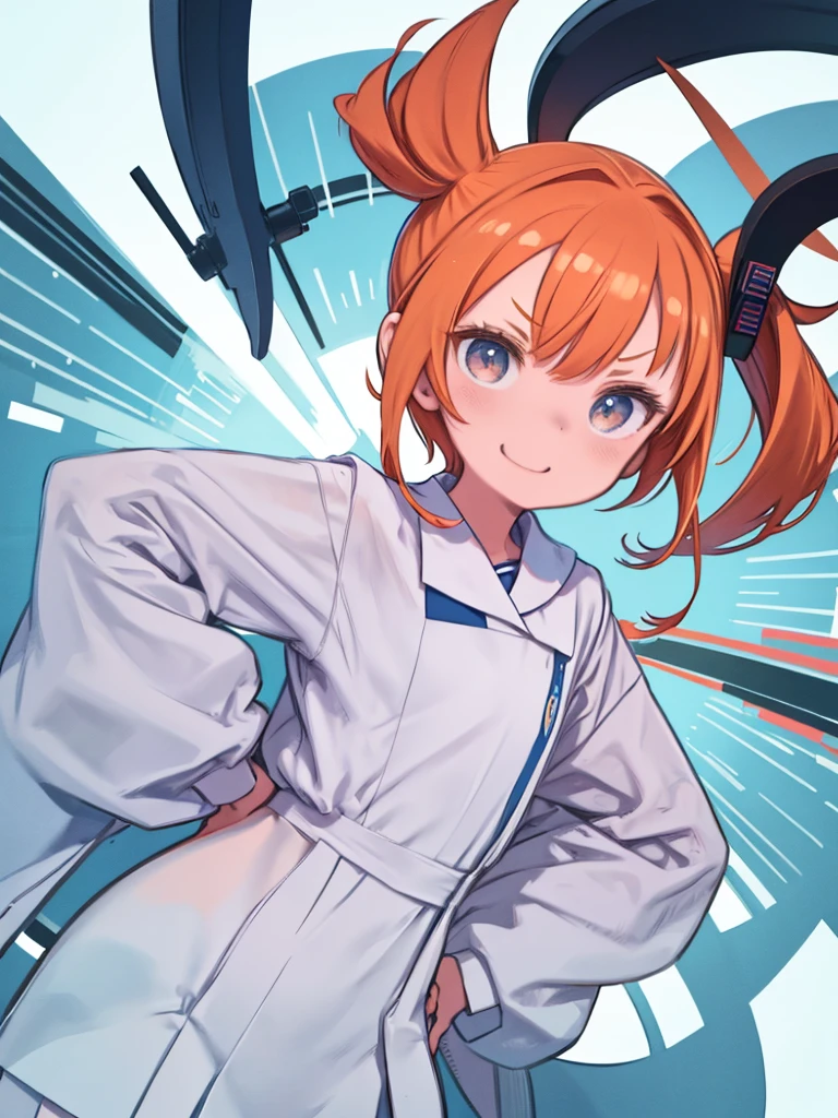 girl、high school student、Light blue sailor uniform、lab coat、Short、Orange Hair、Waist-length twin tails、Slanted Eyes、Big eyes、(Laughing with your mouth open)、V-shaped eyebrows、tooth、Put your hands on your hips、Intimidating、Bossy、Viewed from the front、Upper body close-up