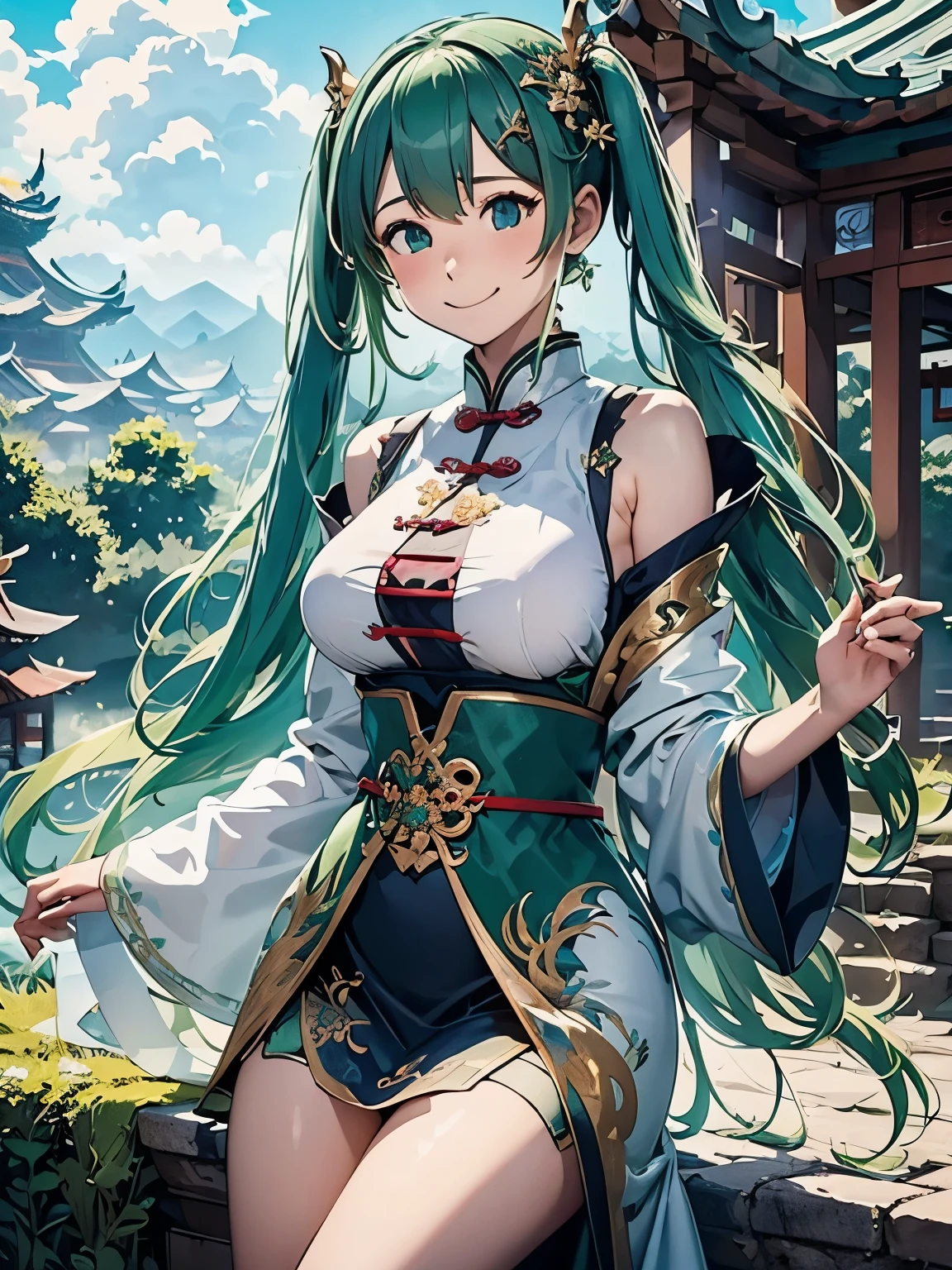 (masterpiece、highest quality、highest quality、Official Art、Beautiful and beautiful:1.2)、(One girl:1.3)Hatsune Miku、Twin tails,Big Breasts,20-year-old women、Green Hair、Long Hair、Green Eyes、Dragon Horn、Golden hair ornament、White Chinese clothing、Jump、smile、Dragon and Chinese clouds in the background