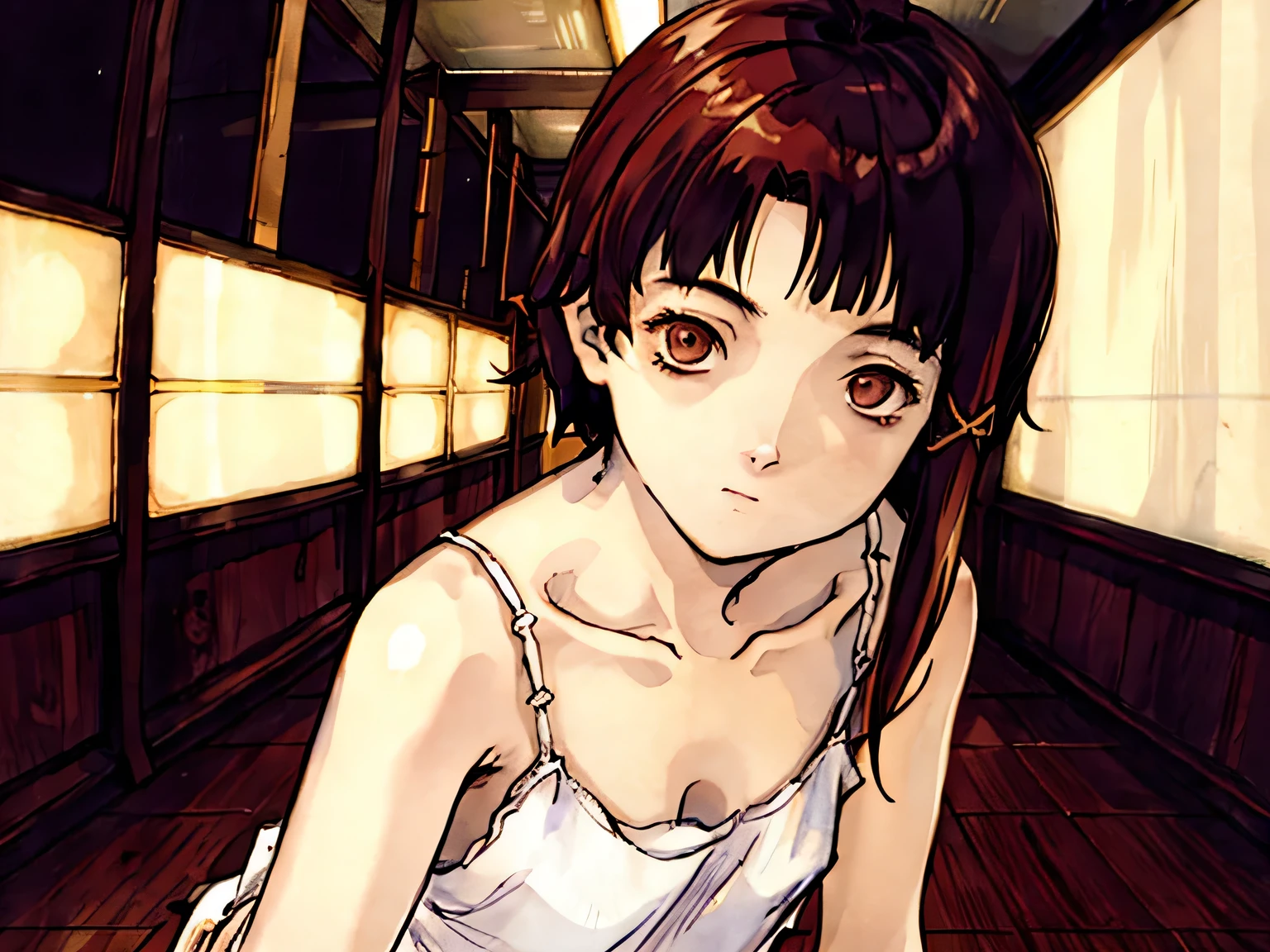 solo,1female\(iwakura lain\(Serial Experiments Lain\),no expression face,age of 12,(big eyes:1.2),brown eyes,eyes without shine,empty eyes,short asymmetry dark brown hair,yellow hairclip,white pale skin,(white long camisole:1.3),(looking at viewer),dynamic pose,sitting\), BREAK ,background\((dark:1.5),messy room,server room,inside\), BREAK ,quality\(8k,wallpaper of extremely detailed CG unit, ​masterpiece,hight resolution,top-quality,top-quality real texture skin,hyper realisitic,increase the resolution,RAW photos,best qualtiy,highly detailed,the wallpaper,cinematic lighting,ray trace,golden ratio\),(oil painting),dynamic angle,darkwoods style,